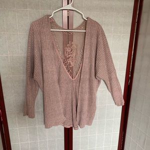 Blush / Rose Long Sleeve Open Front Cardigan w/ Rose Lace Detail, L